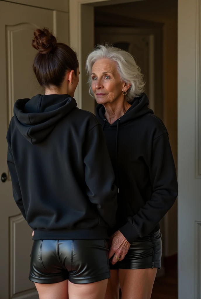 black woman hair in a bun black hoodie black leather short shorts being fucked in the ass by a old grandma in a dress