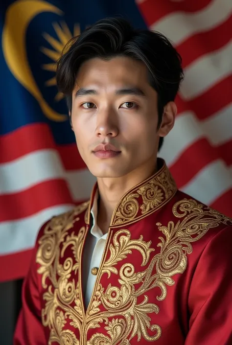 handsome young man , Korean face , stylish hair , wearing royal clothes and malaysian flag logo , Malaysian flag background 