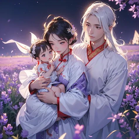 A one-year-old baby boy in an ancient Chinese baby costume with his beautiful mother, dressed in an white ancient Chinese costume, Stroll among the purple lavender fields , There are some floating clouds, playing with each other, with his handsome father s...