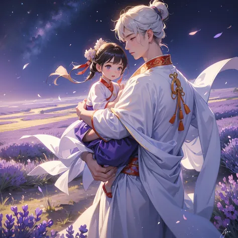 A one-year-old baby boy in an ancient Chinese baby costume with his beautiful mother, dressed in an white ancient Chinese costume, Stroll among the purple lavender fields , There are some floating clouds, playing with each other, with his handsome father s...