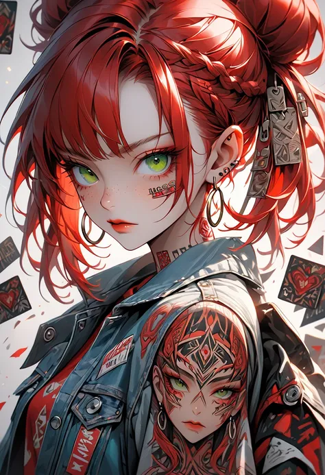 A highly detailed, hyper-realistic portrait painting of a young woman with vibrant crimson red hair styled in an elaborate high bun and two long braided pigtails. The hair features intricate braids and is adorned with various accessories including paper cl...