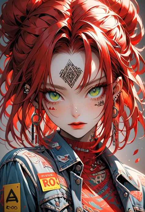 A highly detailed, hyper-realistic portrait painting of a young woman with vibrant crimson red hair styled in an elaborate high bun and two long braided pigtails. The hair features intricate braids and is adorned with various accessories including paper cl...