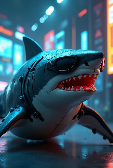 A technological shark, wearing dark glasses, que faz dropshipping