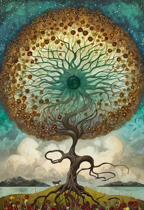 oil and acrylic painting In the Style of Andy Kehoe and Tracy Grimwood, Catrin Welz-Stein, Klimt.. yggdrasill tree, large roots like blown glass tubes sinking into the ground, stained glass branches rising high into the sky and woman with dark blond hair, ...