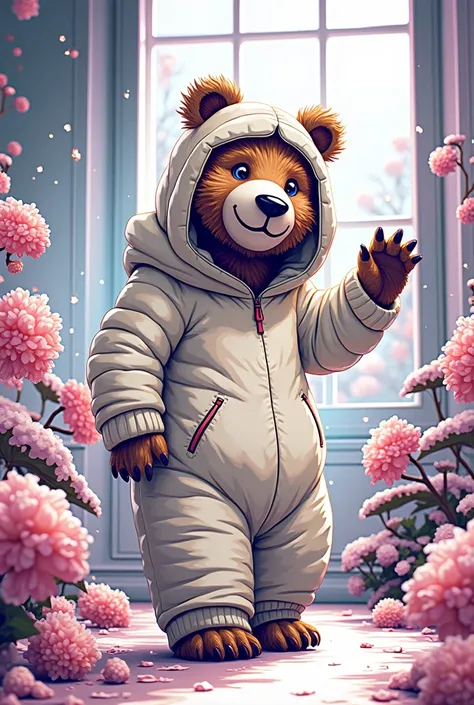 a brown bear wearing a white bear costume, brown fluffy bear, white bear costume with hood, cute bear, photorealistic, 8k, high quality, masterpiece, detailed fur texture, detailed costume design, studio lighting, realistic lighting, vibrant colors, warm l...