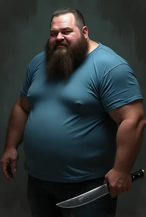 Create a slightly fat evil bearded man in a blue t-shirt with a knife