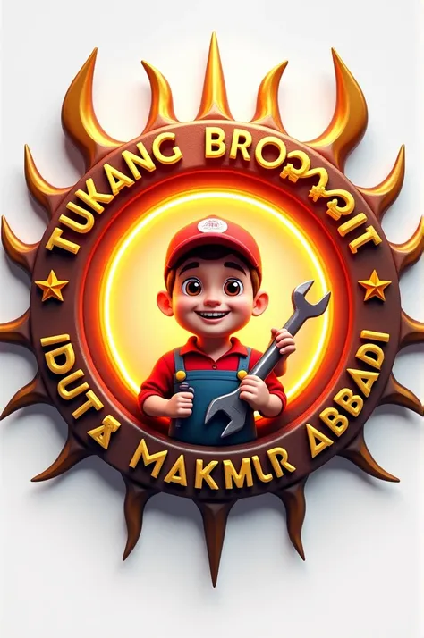 a round symbol shining with thorns, at the top it says tukang brompit and at the bottom it says putra makmur abadi, in the middle there is a cute 3-dimensional animation of a mechanic holding a wrench and screwdriver,