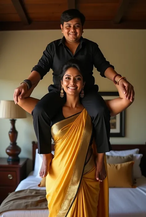 Beautiful and Slim, Sexy Indian woman in black blouse golden saree lifting a large chubby man above her shoulders, man is sitting on womans shoulders, in a bedroom with high ceiling, natural smile, woman is looking into the camera , full body image 