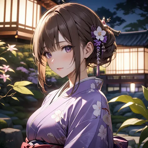  High resolution, masterpiece, 最high quality, Very detailed, high quality, Textured skin,  Brown Hair, Natural look, Japanese garden,night,Cinema Lighting, Purple kimono,chest, born,Professional photography,Cinema Lighting, bow,