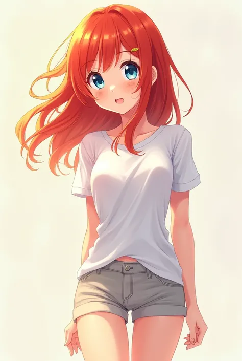 Redhead anime girl in shorts with blue eyes