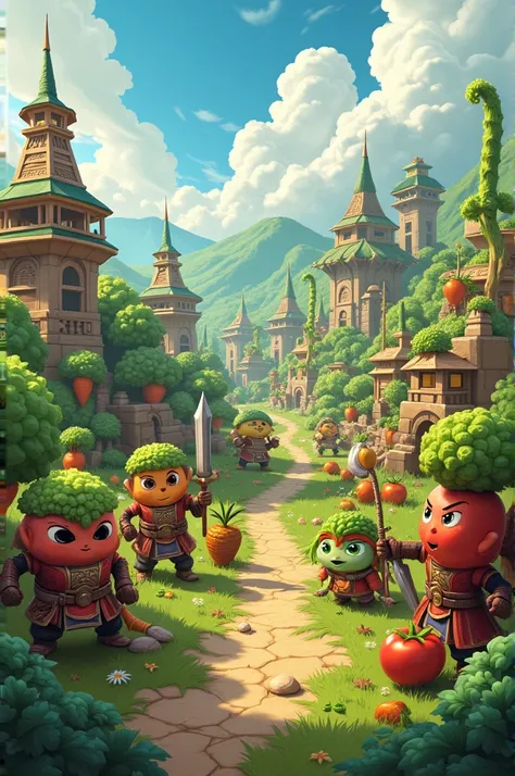 Vegetable village showing every vegetable as warrior clan and with suitable weapons showing every vegetable one by one