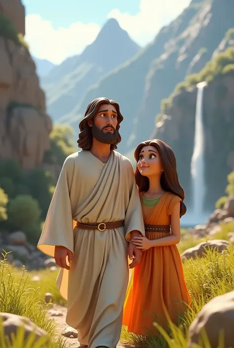 Create Disney Pixar 3D Model.
Jesus of biblical history, in white dress.
With a brunette, age of , of colorful dress.
In an environment with many mountains and waterfalls.
in a sunny day 