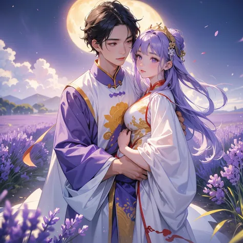 A one-year-old baby boy in an ancient Chinese baby costume with his beautiful mother, dressed in an white ancient Chinese costume, Stroll among the purple lavender fields , There are some floating clouds, playing with each other, with his handsome father s...