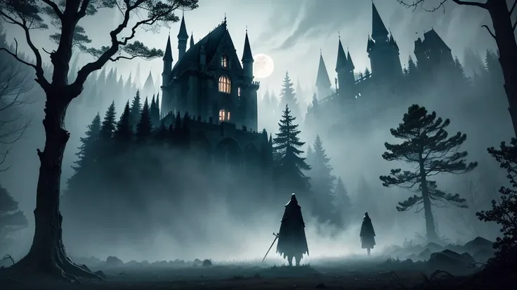 A mysterious dark forest at twilight, shrouded in mist, with twisted, ancient trees whose gnarled branches reach out like claws. In the distance, a towering, shadowy castle with glowing red windows looms ominously atop a jagged cliff. A full moon casts an ...