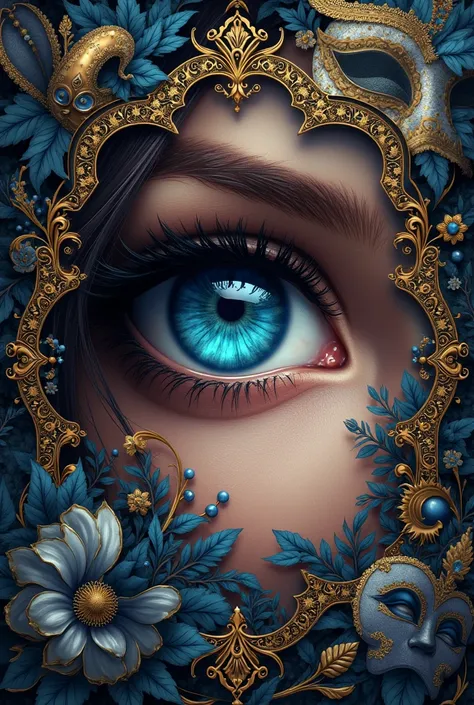 Create a masquerade poster an attractive eye of a beautiful woman with a masquerade with beautiful designs
