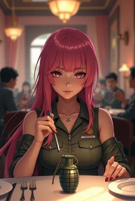 woman　1　Pink Hair　Taiwanese　Eating at a restaurant　Have a grenade　military