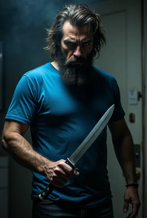 Create a bearded evil man with hair by fixing a blue t-shirt with a knife