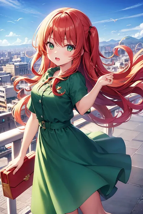  of anime, , curled hair, greeneyes, with colorful dress, red shoes, flying over a city. high quality art, official anime artwork, (negative prompt: no bad hands, no bad eyes)