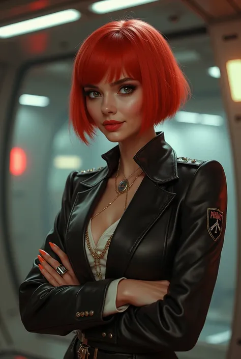 red bob cut, beautiful woman, starship captain, short jacket, cowboy shot, flirty, military bearing, standing, pirate