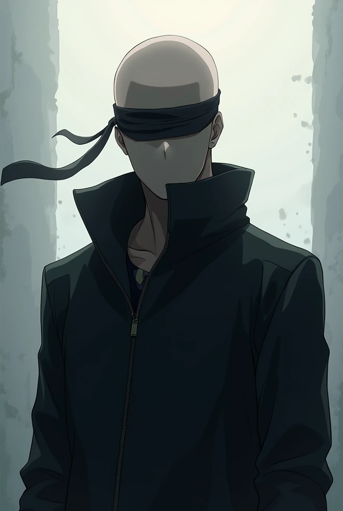 A bald anime man with no nose no mouth and a blind fold