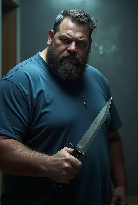 Create a slightly obese evil man with a beard and hair styling wearing a blue t-shirt with a knife