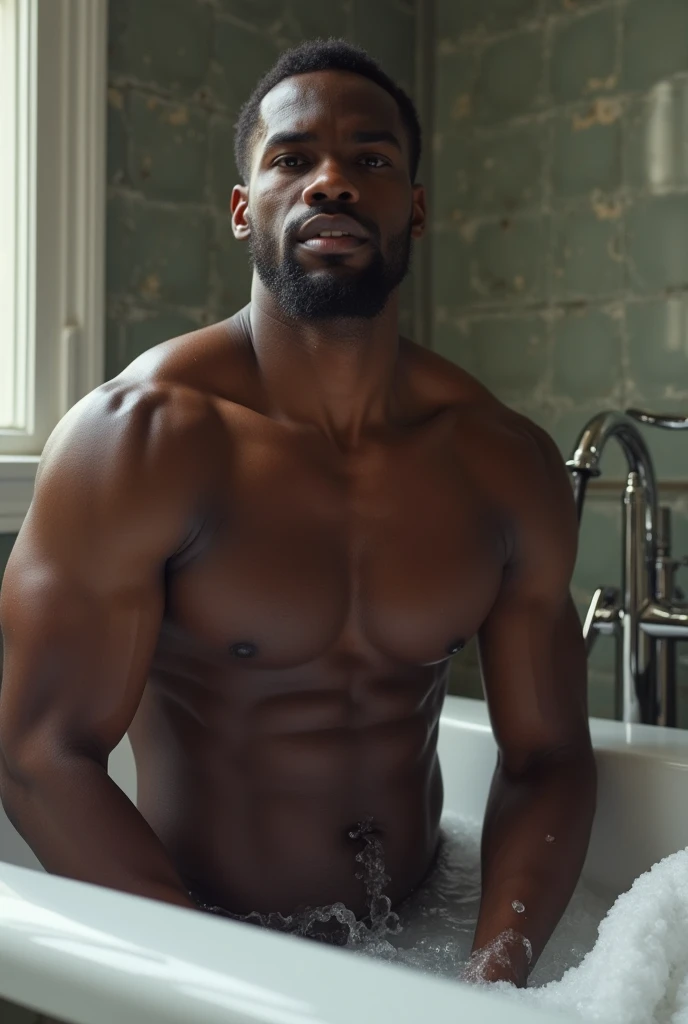 Naked black man in bathtub, rubbing jerk off