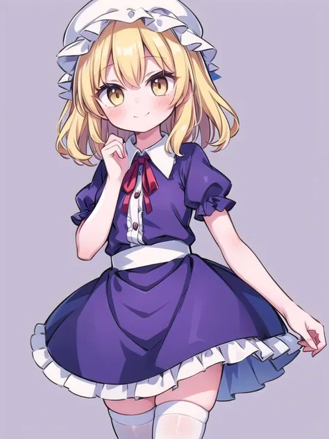 1girl, masterpiece, best quality, perfect hands, smile, blush, closed mouth, yellow eyes, maribel hearn, purple dress, puffy sho...