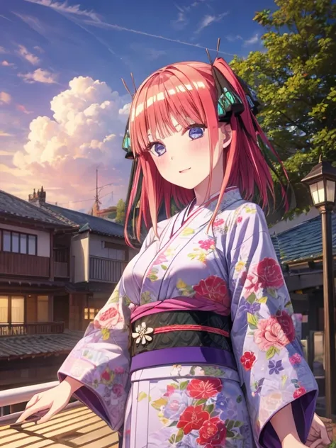 best quality, insanely detailed, nino nakano, breasts, blush, looking at viewer, cheerful eyes, arousal, kimono, highleg kimono, athletic kimono, tight kimono, pussy, full body, roof top background, airwalking