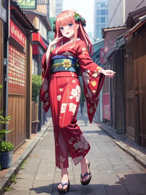 best quality, insanely detailed, nino nakano, breasts, blush, looking at viewer, cheerful eyes, arousal, kimono, highleg kimono, athletic kimono, tight kimono, pussy, full body, roof top background, airwalking