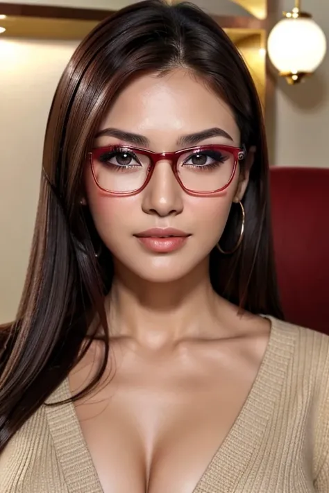 high resolution、Beautiful Latin face３８age。A great principal。The eyes are long and narrow, with eyeliner.、eyelashes are long。Wine red oval glasses。Eyebrows are thin and oval。The nose is high and pointed like a Westerner&#39;s.。Her hair is long and permed７：３...