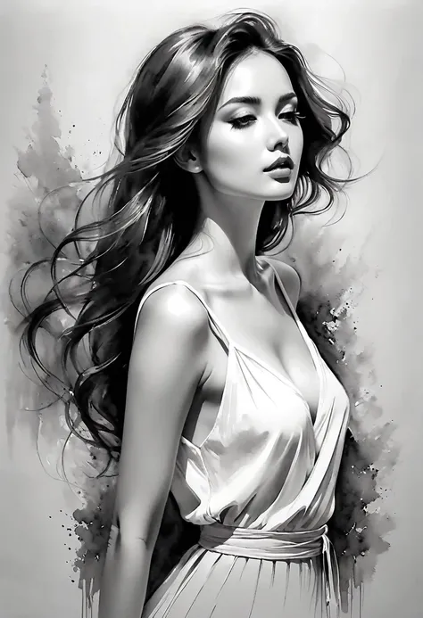 Elegant beautiful girl, black and white hand-painted, pen drawing, loose brush, full-length, pen draws fine lines, fluid action, subtle shades of paint, elegant posture, peaceful expression, delicate facial features, black and white, clear, little red.