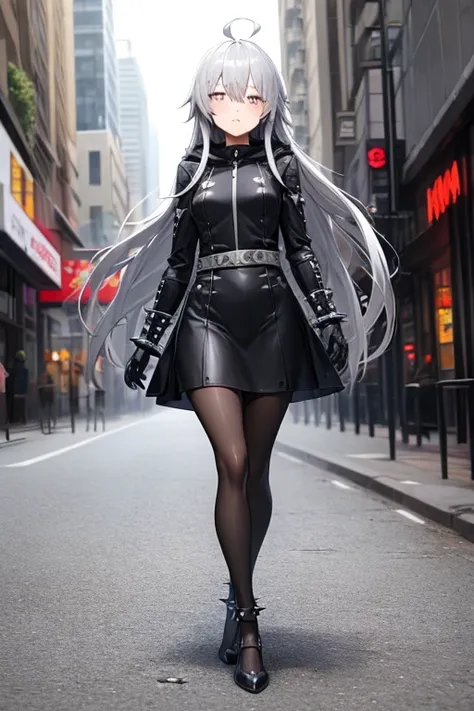 ((best quality)), ((masterpiece)), (detailed), 1 girl, Full body, 1, Face Depressed, Silver eyes, Outstretched arm, Gray zipper Hood, Blushing, Long hair, Silver hair, Spiky hair, Ahoge, Bangs, Lock of hair covering right eye, Full body, Very tall, Small b...