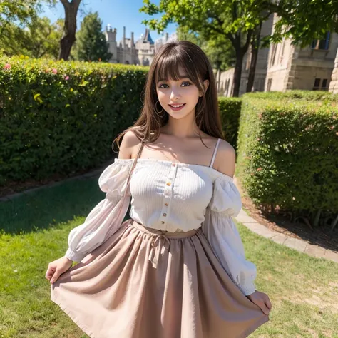 laughing out loud，1 female, 2，（Dressed in Alice in Wonderland clothes），Outside the castle，Large skirt，Big hem，light brown hair, blunt bangs, hair behind ears, Shoulder length hair, long hair, Slender body type, 超face slimming型, face slimming, delicate lips...