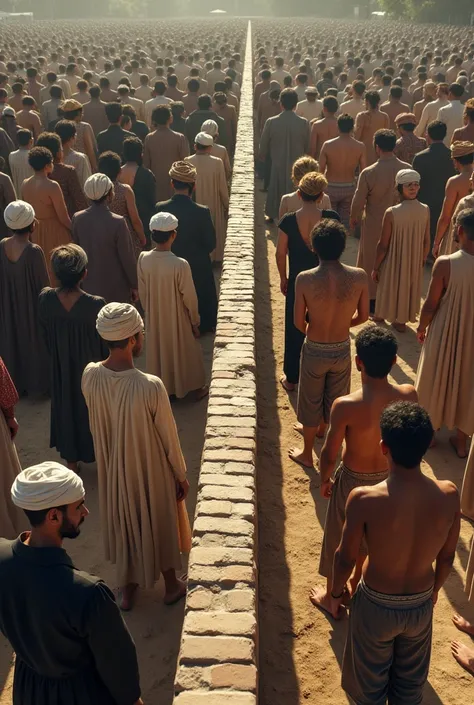 Aerial view of a brick wall dividing two groups of people praying. On the left side, evangelical women wearing long dresses standing, facing the wall. on the right side, strong, bearded Iranian men in just their underwear and an Islamic headdress on their ...