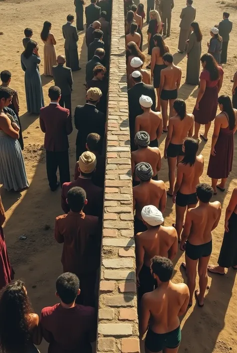 Aerial view of a brick wall dividing two groups of people praying. On the left side, evangelical women wearing long dresses standing, facing the wall. on the right side, strong, bearded Iranian men in just their underwear and an Islamic headdress on their ...