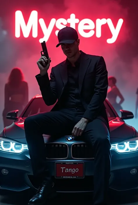 Create a realistic image where a 20 years old boy wearing black luxury suit and wearing a cap and hiding his face with cap and sitting on BMW car with number plate of tango, hes holding a gun in his hand, there is smoke in background and girls are dancing....