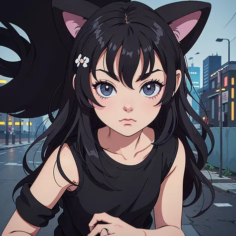 cat girl, with cat ears, short black hair, with rain and relaxing, listening to music, com roupa preta, in a city chuvosa, with black clothes and darker colors, with black clothes and darker colors, with black clothes and darker colors, darker colors in th...