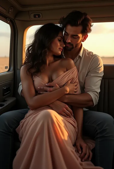 two lovers in a jeep, romancing at the back seat. the girl is wearing plain simple saree showing cleavage and blouse, boy is hugging from behind and groping her breast from behind