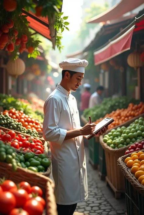 A chef standing in a vegetables and fruits market with pen and paper 
