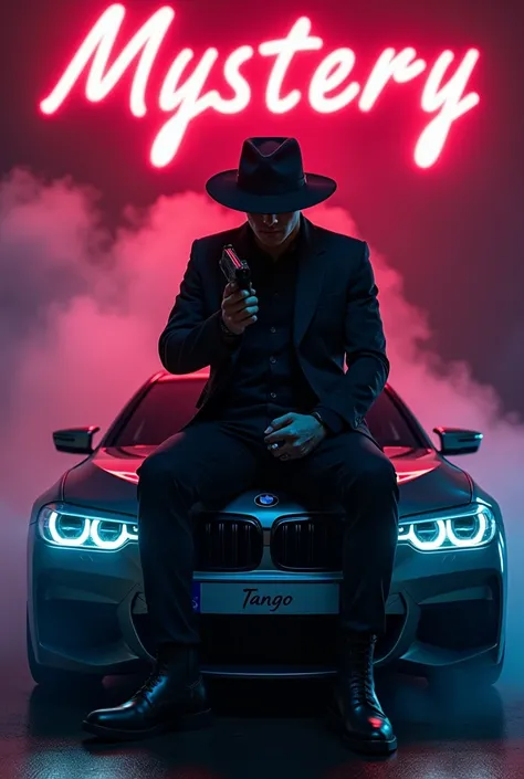 Create a realistic image where a 20 years old boy wearing black luxury suit and wearing a circular cap and hiding his face with cap and sitting on BMW car with number plate of tango, hes holding a gun in his hand, there is smoke in background and girls are...