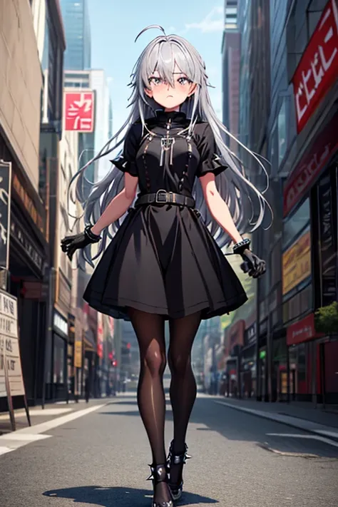 ((best quality)), ((masterpiece)), (detailed), 1 girl, full body, 1, face depressed, silver eyes, outstretched arm, gray zipper ...