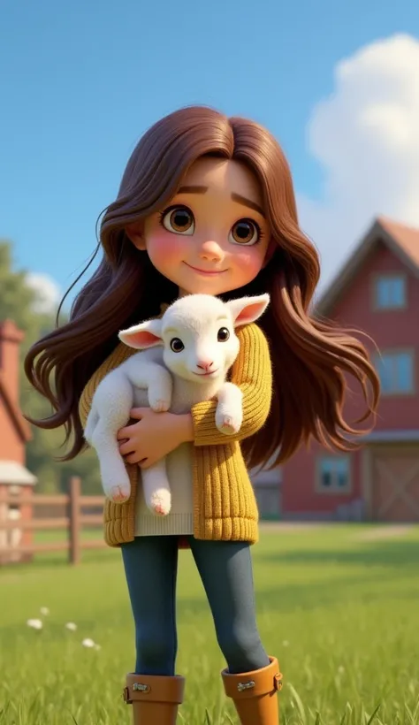 Generate an image of a  with long brown hair wearing rubber boots and a newborn sheep, snow white on a farm, The image must be consistent and in Disney Pixar&#39;s distinctive 3D animation style maintain the consistency of previous data