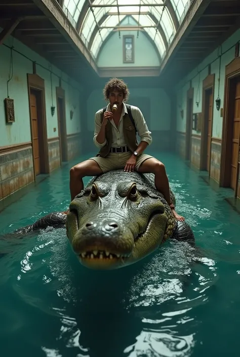 A human riding a crocodile while they blow inside a house flooded by kk 


 