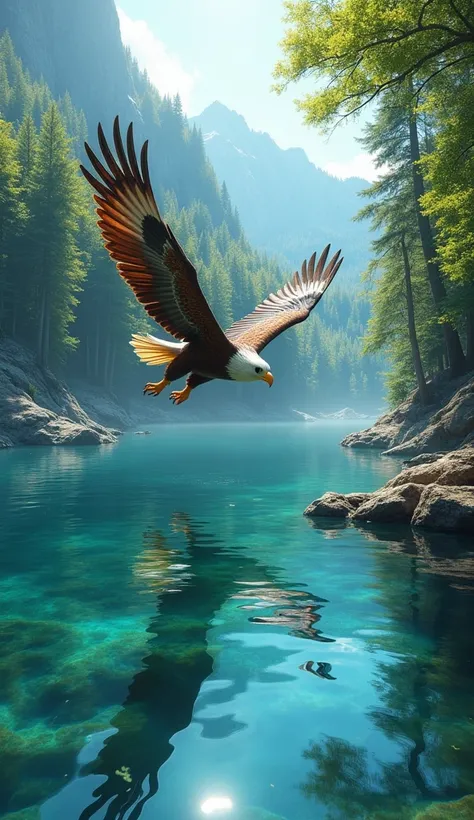 Eagle hunting at high speed, diving towards a crystal clear lake surrounded by dense forest, reflections of their wings in the water, feeling of adrenaline and precision, Digital illustration with motion effects and vibrant details, --ar 16:9 --v 5






