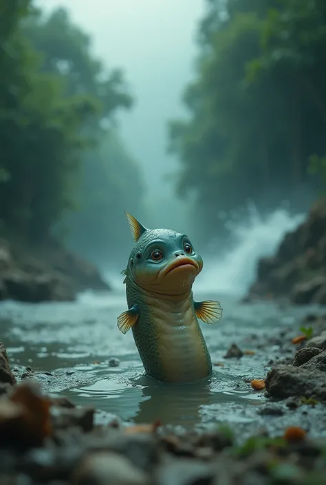 Anak Ikan cried because of the death of his mother due to a flash flood because of the attitude of humans who like to throw garbage in the river