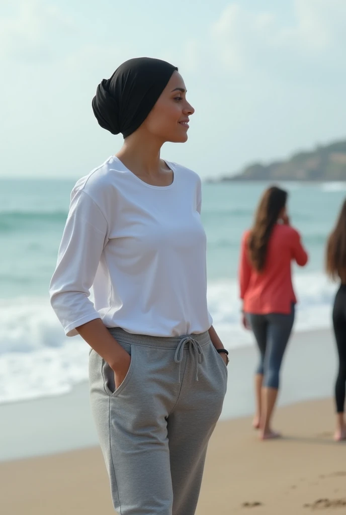 with black headscarf, white long sleeve t shirt, grey sweatpants, Barefoot woman talking with friends on the beach. 