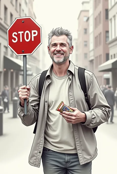 drawing of a man holding a snack and a stop sign