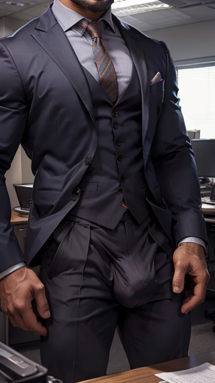 Front open Office suit and showing hairy chest close up focus indian perfect wetty big hairy monster wetty bulge in pant, masterpiece