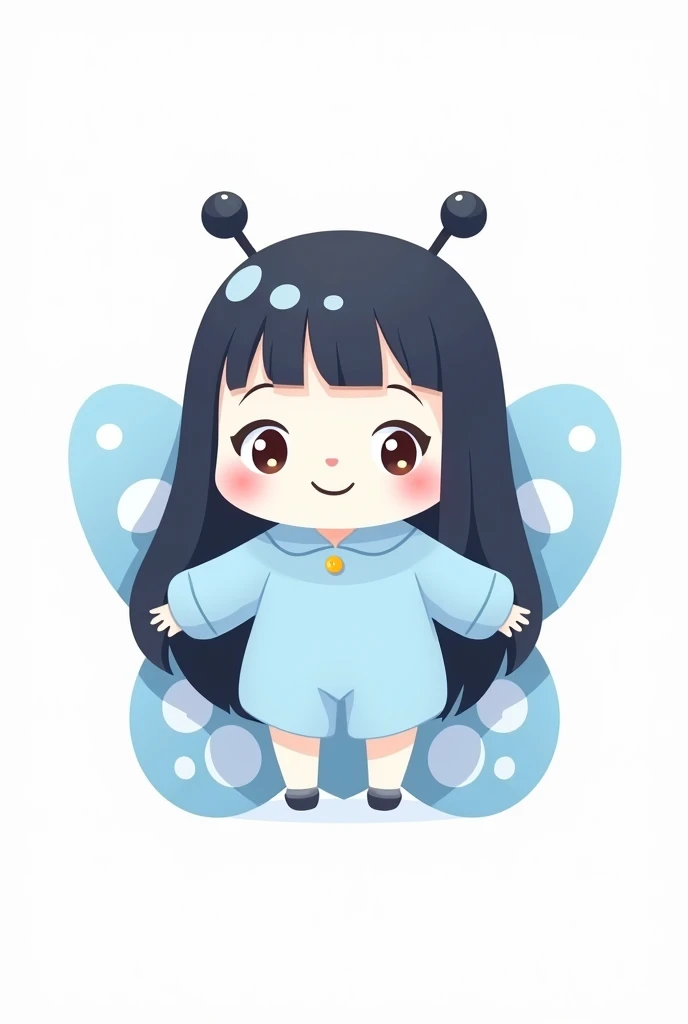 A cute little butterfly with long straight black hair with a blue outfit on a white background in the shape of a cartoon for a brand logo and that she is a little less white and that she is looking at the screen that she is small and cute like a cartoon a ...