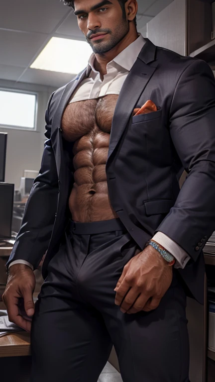 Front open Office suit and showing hairy chest close up focus indian perfect wetty big hairy monster bulge in pant and hand on wetty bulge, masterpiece